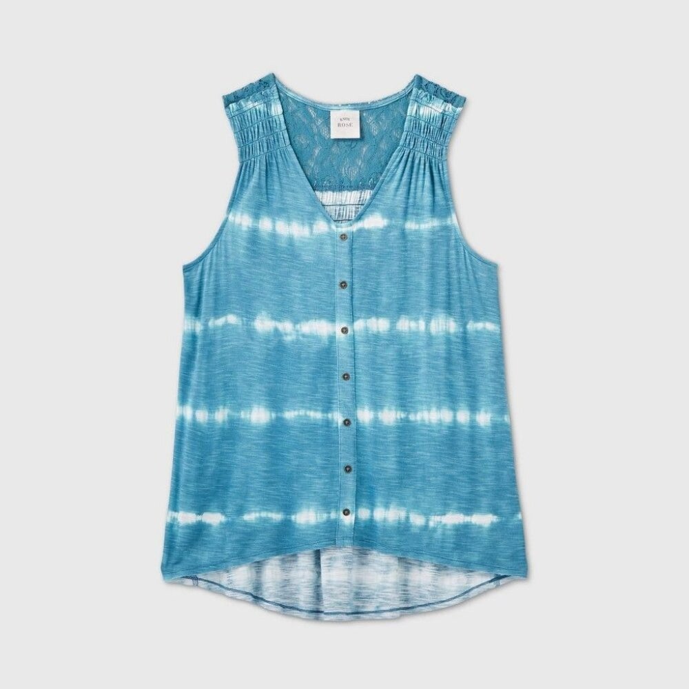 Blue Tie-Dye Sleeveless Button-Down Top With Lace Back Detail XS